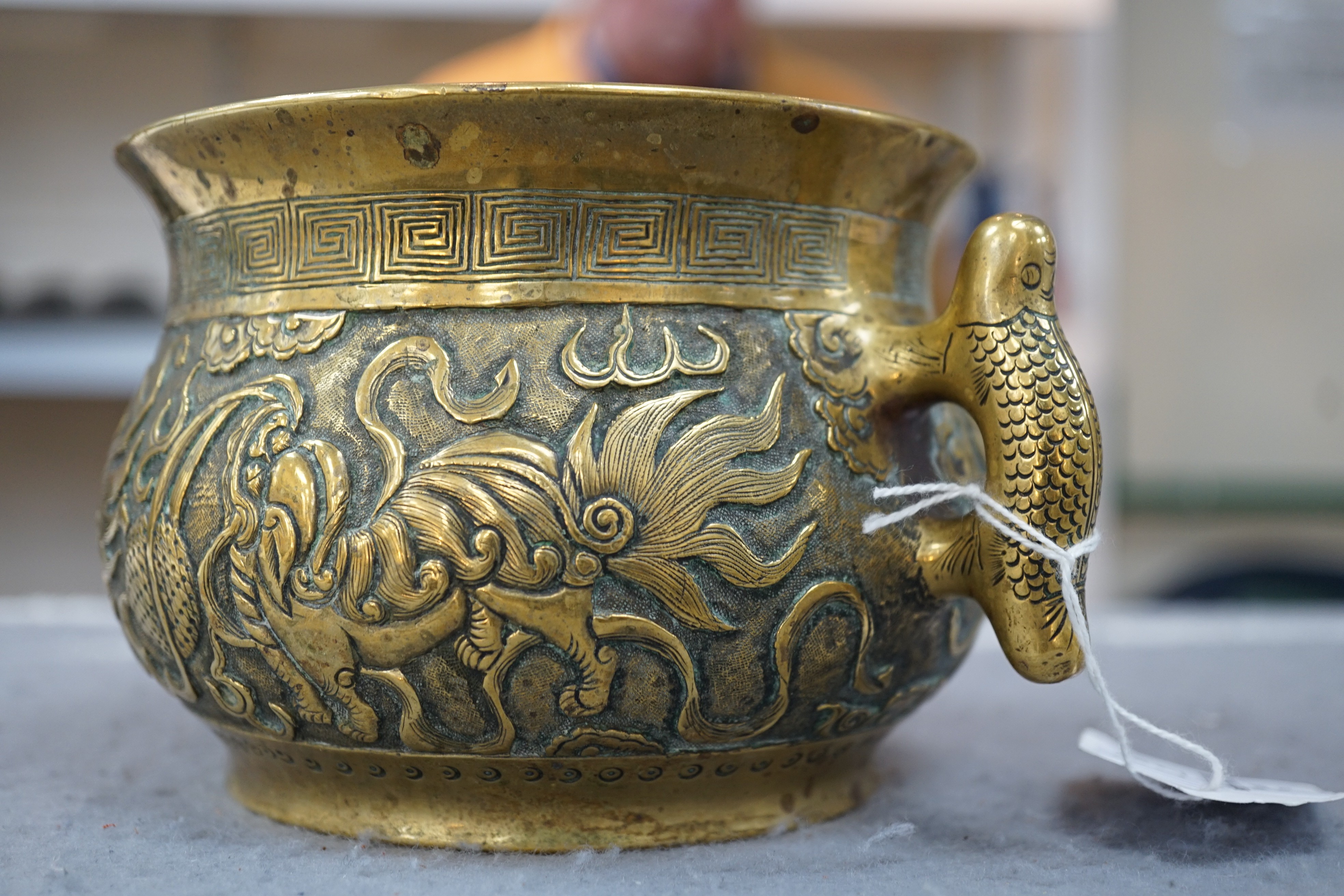 A Chinese polished bronze ‘Buddhist lion’ censer, gui, 19th century, 19.5cm wide, rim diameter 14cm